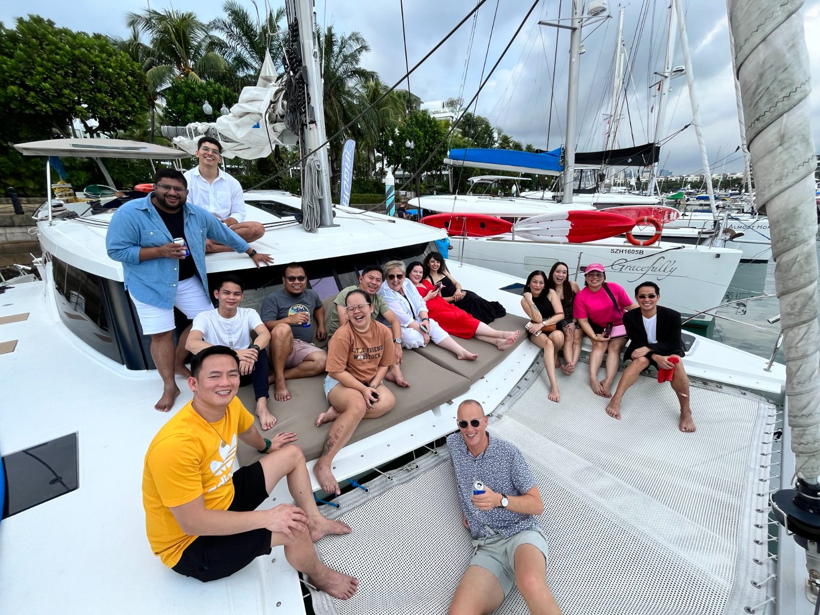 The FGS team on a catamaran during a team offsite